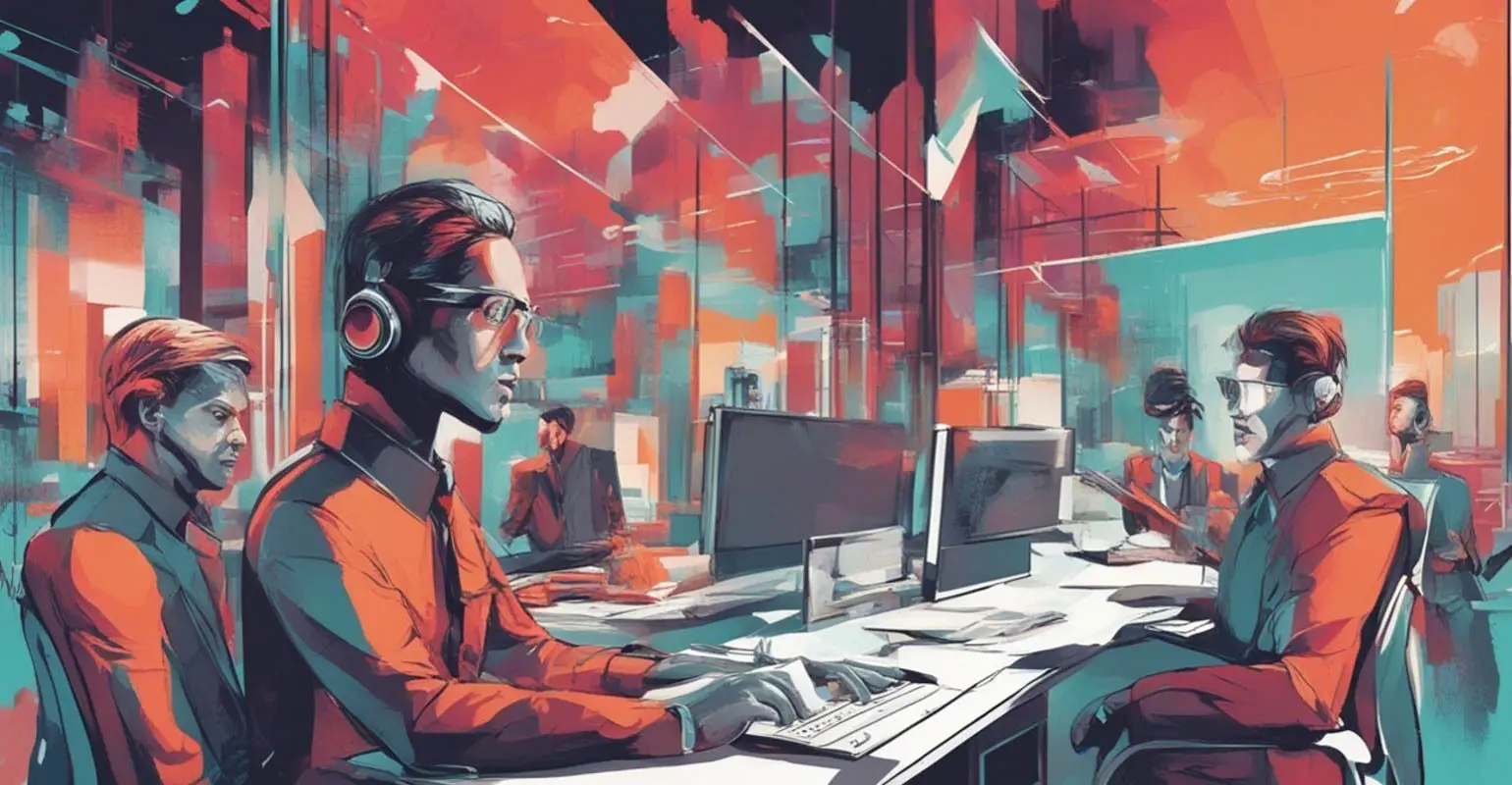 Ilustración digital de la fuera laboral tecnológica en una oficina moderna en estilo pop art
