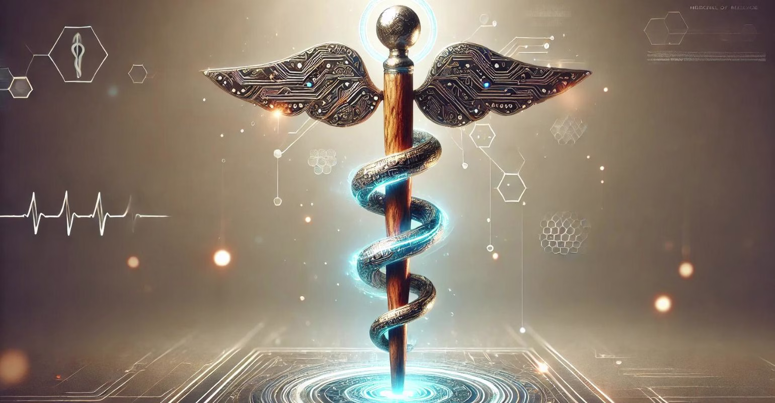 Imagen ilustrada por Dall.e que representa al baston de esculapio con detalles que evocan tecnología