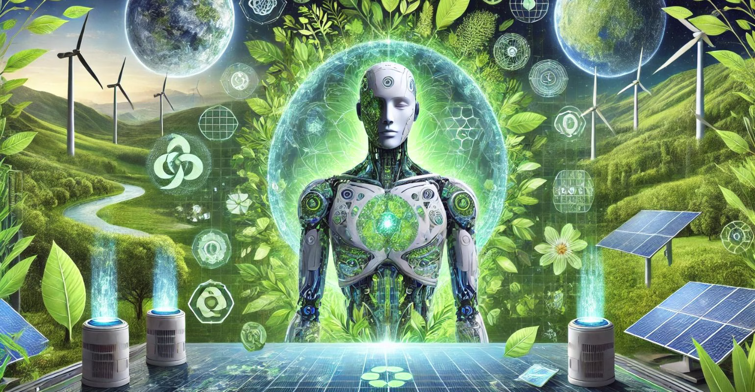 Una escena futurista que muestra tecnología de inteligencia artificial monitoreando el medio ambiente. Drones con sensores avanzados vuelan sobre un denso bosque verde, mientras un satélite en el espacio transmite imágenes detalladas a una estación de control de alta tecnología. En la estación, hologramas proyectan mapas de calor y datos visuales sobre detección de incendios forestales, seguimiento de animales en peligro de extinción y análisis de deforestación. Animales salvajes se desplazan por el bosque, y pequeñas áreas despejadas indican zonas de deforestación supervisadas. La imagen enfatiza la armonía entre tecnología avanzada y naturaleza.