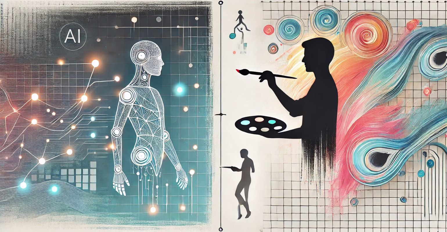 Una ilustración minimalista horizontal que representa la colaboración entre inteligencia artificial y creatividad humana. A la izquierda, una figura geométrica de un humanoide con acentos luminosos simboliza la tecnología, mientras que a la derecha, la silueta de un artista con un pincel representa la creatividad. En el centro, un lienzo compartido combina patrones abstractos de rejillas digitales con trazos orgánicos. El fondo presenta un degradado suave que fusiona una atmósfera tecnológica con una artística, destacando la armonía entre ambos mundos.