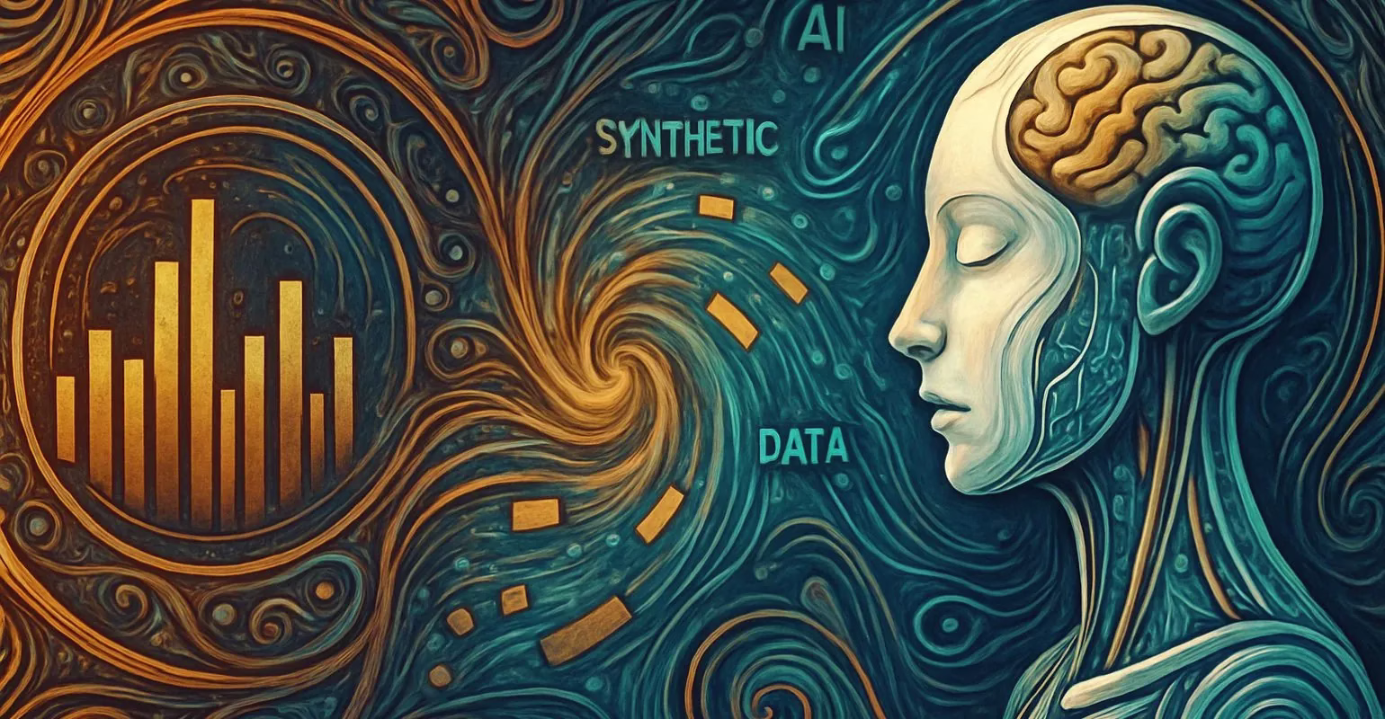 Ilustración digital abstracta que representa la transición entre datos reales y datos sintéticos en inteligencia artificial, con una figura humanoide con circuitos integrados en el rostro y una espiral de datos conectando un gráfico de barras dorado con el entorno tecnológico, todo en un estilo artístico orgánico y futurista.