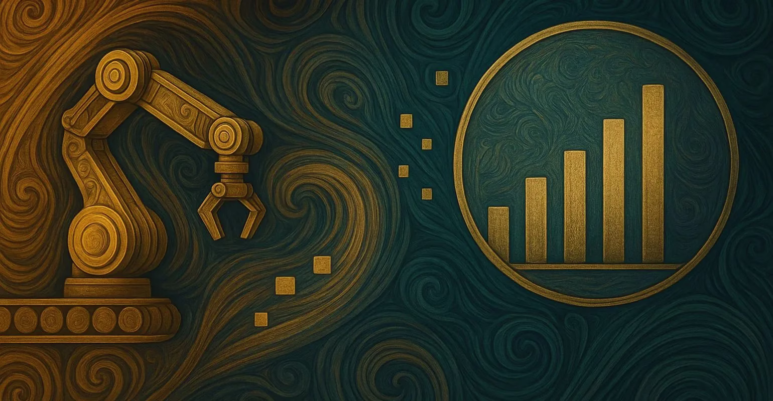 Ilustración digital en estilo Art Nouveau que muestra un brazo robótico dorado en un entorno con patrones fluidos, transfiriendo datos hacia un gráfico de barras dentro de un círculo, simbolizando la conexión entre automatización industrial y análisis de datos.