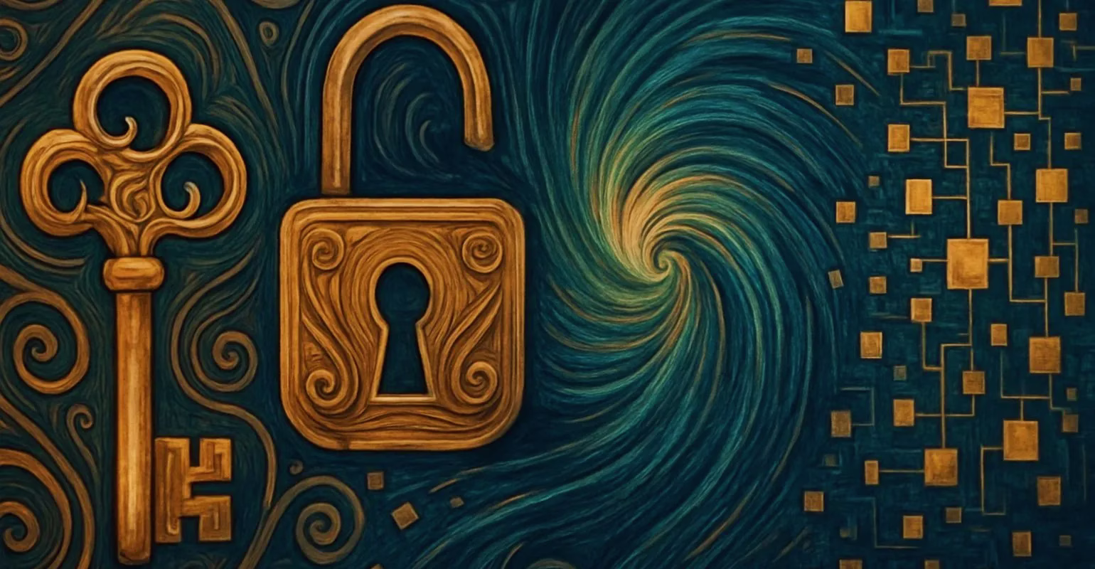 Imagen en estilo Art Nouveau y surrealista que representa un entorno abstracto de seguridad y datos. A la izquierda se observan una llave y un candado dorados con detalles ornamentales. En el centro, un vórtice de líneas en tonos azulados conecta con un patrón digital geométrico compuesto por cuadrados y líneas interconectadas, evocando un sistema de red o flujo de información.