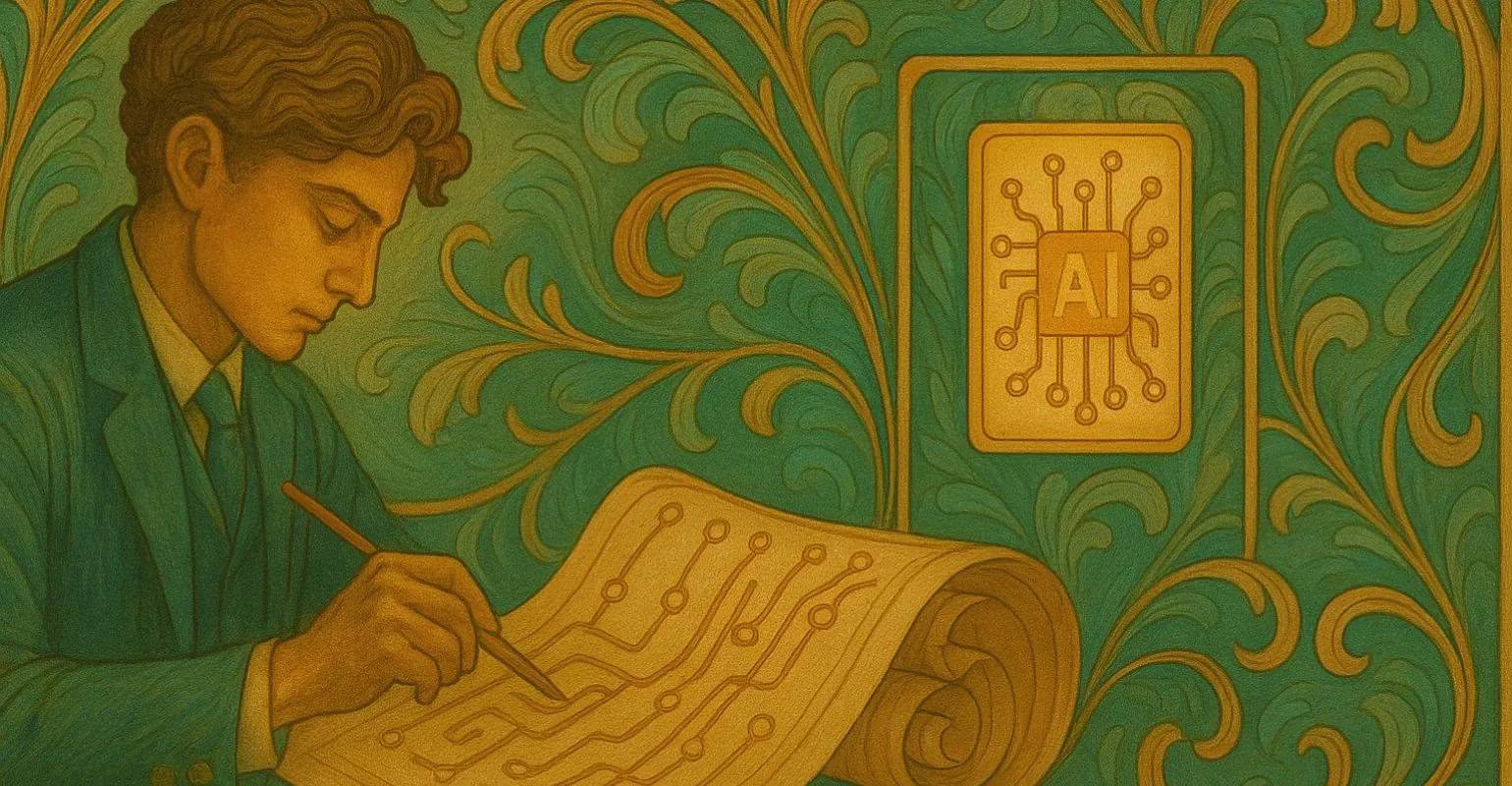 Ilustración en estilo Art Nouveau que muestra a un hombre joven, vestido con traje azul verdoso, dibujando un esquema de circuitos sobre un pergamino. Al fondo, decoraciones orgánicas en tonos verde y oro rodean una placa con un chip dorado, simbolizando inteligencia artificial. La imagen transmite el vínculo entre creatividad humana y tecnología.