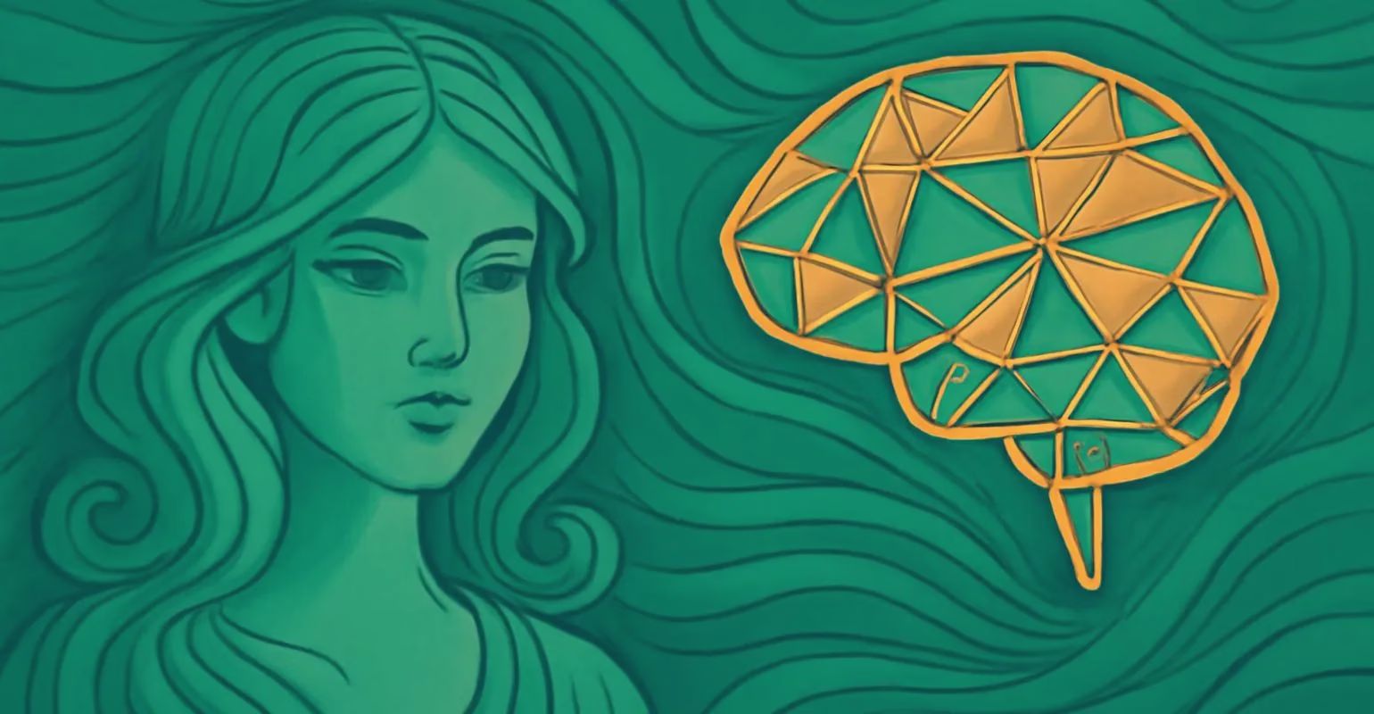 Una ilustración digital en estilo Art Nouveau que presenta una figura femenina estilizada a la izquierda, con un diseño geométrico y de color dorado-naranja que representa un cerebro a la derecha. Líneas ondulantes en tonos verdes conectan ambos elementos, creando una composición armónica que equilibra los tonos cálidos y fríos.